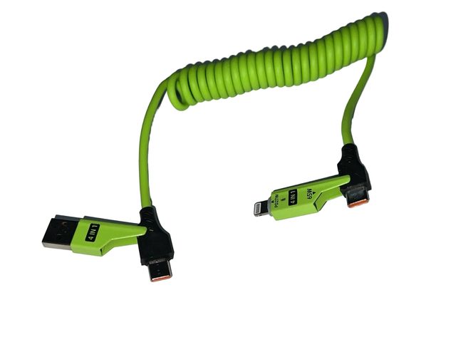 4-in-1 Fast Charging Cable (USB + Type-C to Lightning & Type-C) – 65W Coiled Car Cable